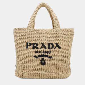 Prada Beige Small Raffia Effect Crochet Embroidered Logo Tote