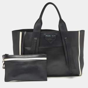 Prada Black/White Grace Lux Leather Large Ouverture Tote