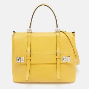 Prada Yellow Saffiano Cuir Leather Double Turn Lock Top Handle Bag
