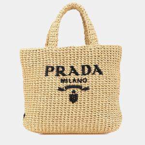 Prada Beige Small Raffia Effect Crochet Embroidered Logo Tote