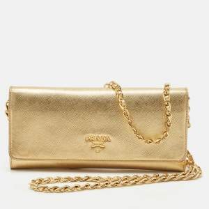 Prada Gold Saffiano Metal Leather Wallet on Chain