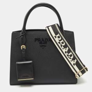 Prada Black Saffiano Cuir Leather Small Monochrome Tote