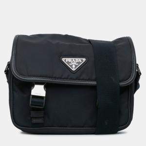 Prada Black Saffiano Trimmed Double Buckle Messenger Bag