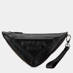 Prada Black Grace Lux Triangle Logo Embossed Triangle Wristlet Pouch