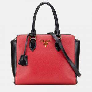 Prada Black Red Bicolor Soft Calf Trimmed Saffiano Satchel