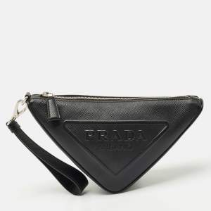 Prada Black Saffiano Cuir Leather Triangle Wristlet Clutch