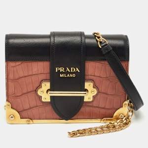 Prada Black/Beige Crocodile and Leather Cahier Flap Shoulder Bag