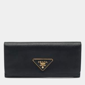 Prada Black Saffiano Metal Leather Triangle Logo Flap Continental Wallet