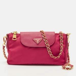 Prada Fuchsia Nylon and Saffiano Leather Chain Crossbody Bag