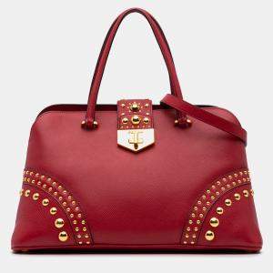 Prada Red Studded Saffiano Cuir Promenade Satchel