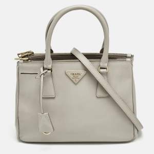 Prada Light Grey Saffiano Leather Small Galleria Double Zip Tote