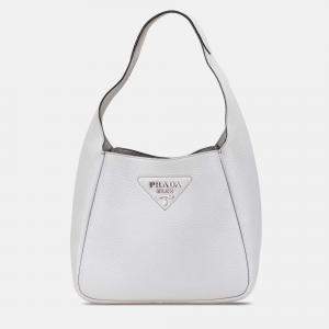 Prada White Vitello Daino Dynamique Hobo