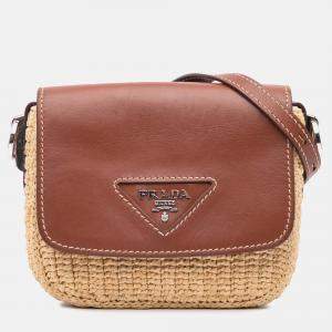 Prada Beige/Brown Raffia Vitello Flap Crossbody Shoulder Bag
