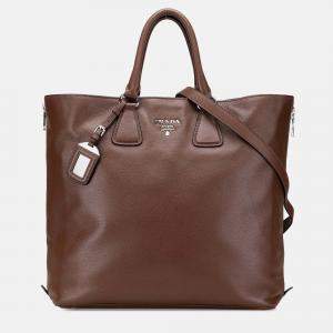 Prada Brown Vitello Daino Open Convertible Tote