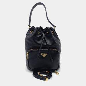 Prada Black Leather Soft Calf Bucket Tote and Crossbody Bag