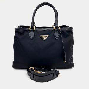 Prada Black Nylon Fabric Tote and Shoulder Bag