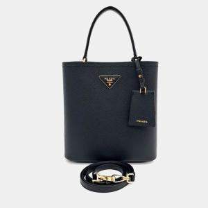 Prada Black Leather Saffiano Double Tote and Shoulder Bag