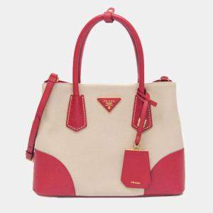Prada Leather Canvas Shoulder Bag Beige Fuoco