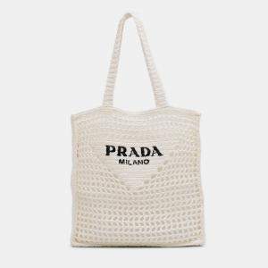 Prada White Raffia Effect Crochet Logo Embroidered Tote
