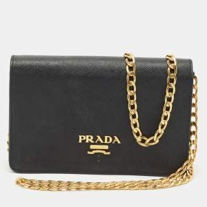 Prada Black Saffiano Leather Wallet On Chain