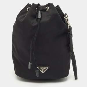 Prada Black Leather and Nylon Drawstring Wristlet Pouch