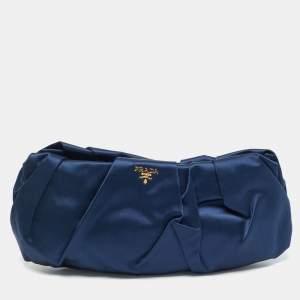 Prada Navy Blue Satin Pleated Raso Clutch
