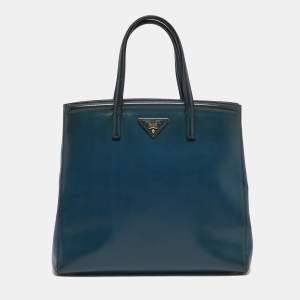 Prada Dark Blue Saffiano Vernic Leather Parabole Tote