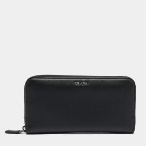 Prada Black Saffiano Leather Zip Around Wallet