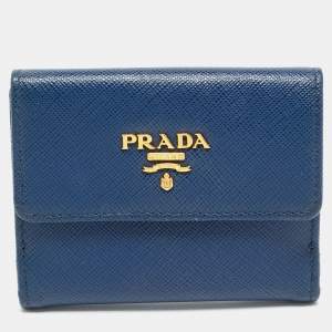Prada Blue Saffiano Metal Leather French Compact Wallet