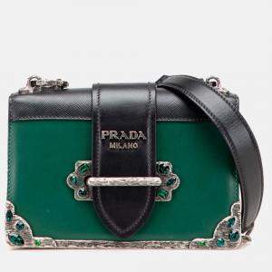 Prada Black Green Saffiano Trimmed City Calf Crystal Cahier Crossbody