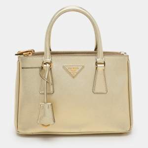 Prada Gold Saffiano Lux Leather Small Galleria Double Zip Tote