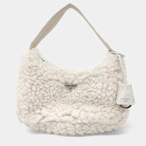Prada White Wool Re-edition Terry Hobo Bag