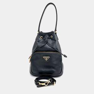 Prada Black Leather Light Calf Bucket Tote and Crossbody Bag