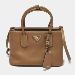 Prada Brown Saffiano Cuir Leather Twin Turnlock Tote