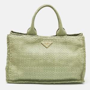 Pre Owned Prada Light Green Madras Leather Woven Tote