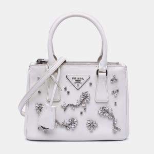 Prada White Mini Saffiano Lux Crystal Embellished Galleria Double Zip