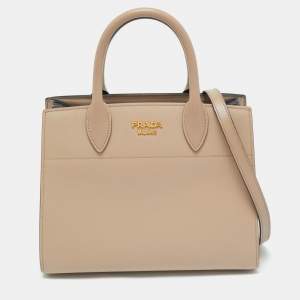 Prada Beige Saffiano Cuir Leather Bibliotheque Tote
