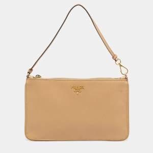 Prada Beige Saffiano Lux Leather Slim Pochette Bag