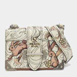 Prada x James Jean Off White Glace Calf Rabbit Print Leather Cahier Shoulder Bag