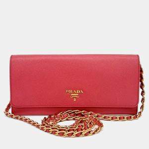 Prada Pink Leather Saffiano long wallet and chain crossbody bag