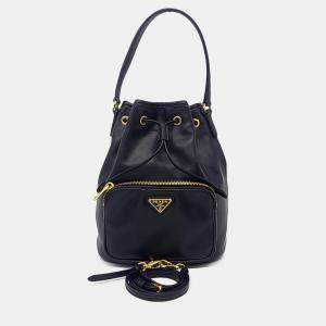 Prada Black Light Calf Leather Bucket Tote 