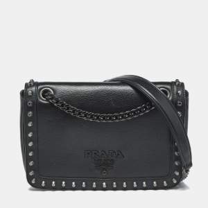 Pre Owned Prada Black Glace Calf Leather Studded Flap Crossbody Bag
