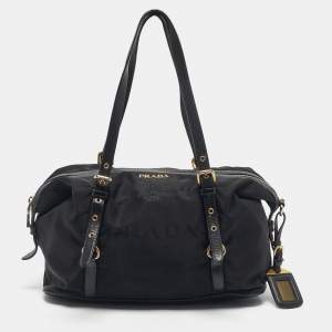 Pre Owned Prada Black Leather and Nylon Logo Buckle Satchel