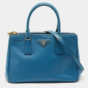 Pre Owned Prada Light Blue Saffiano Lux Leather Small Galleria Double Zip Tote