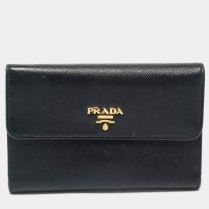 Pre Owned Prada Black Saffiano Lux Leather Logo Trifold Wallet