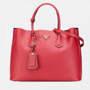 Pre Owned Prada Red Medium Saffiano Cuir Double Satchel