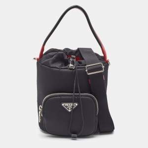 Prada Black/Red Nylon and Leather Puffer Cargo Pocket Shoulder Bag