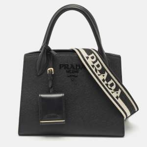 Pre Owned Prada Black Saffiano Cuir Leather Small Monochrome Tote