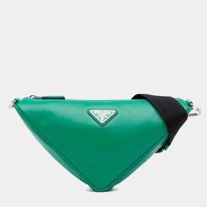 Pre Owned Prada Green Soft Calfskin Triangle Crossbody Bag