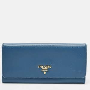 Pre Owned Prada Blue Saffiano Lux Leather Flap Continental Wallet